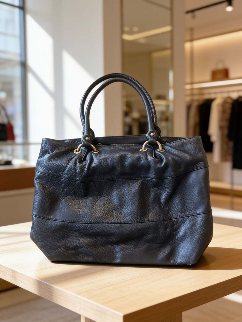 Elena Solano Black Buttery Leather Pebbled Tote Handbag
